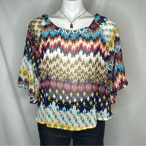 Geometric Bat Wing Top - About a Girl Shirt, Cream, Brown, Red, Blue, Large